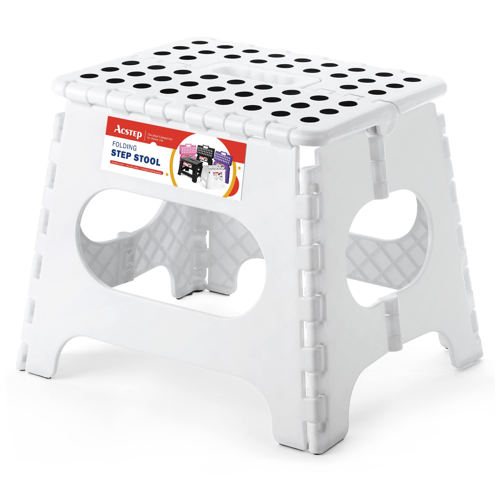 ACSTEP Acko Folding Step Stool for Kids and Adults-11 Height Lightweight Plastic Stepping Stool. Foldable Step Stool Hold up to 300lbs Non Slip Collapsible Stool White