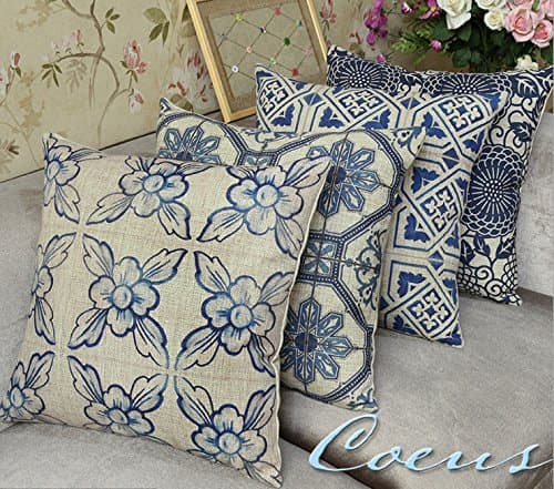 Coeus 4 Pcs Square Accent Decorative Chinese Style-Blue and White Pattern Cotton and Linen Throw Pillow Covers/Pillow Shams/Pillow Cases/Pillow Pillowa, Include 4 Colors/Designs,18 X 18 Inch