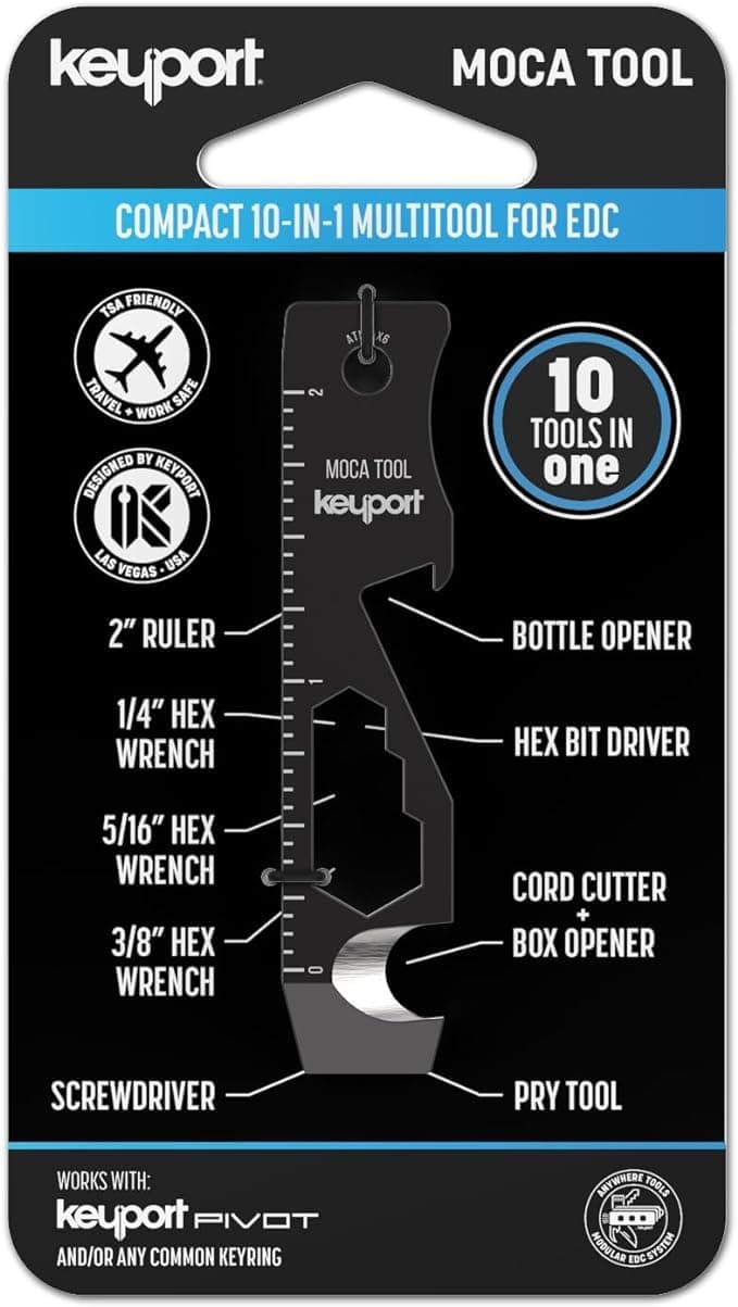 Keyport MOCA 10-in-1 Keychain Multitool (Black) | EDC Multi Tool: Pry Bar, Bottle Opener, Screwdriver, Box Opener, Cord Cutter & More | TSA Key Tool | EDC Gear | Key Organizer, Key Chain Compatible
