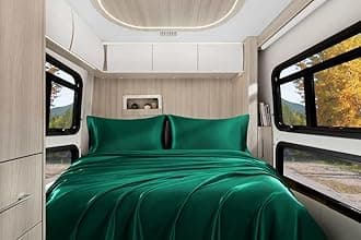 Homiest 4pcs RV Short Queen Satin Sheets Set Luxury Silky Satin Bedding Set with 10" Deep Pocket, Camper Queen Sheets, 1 Fitted Sheet + 1 Flat Sheet + 2 Pillowcases (RV Short Queen, Blackish Green)