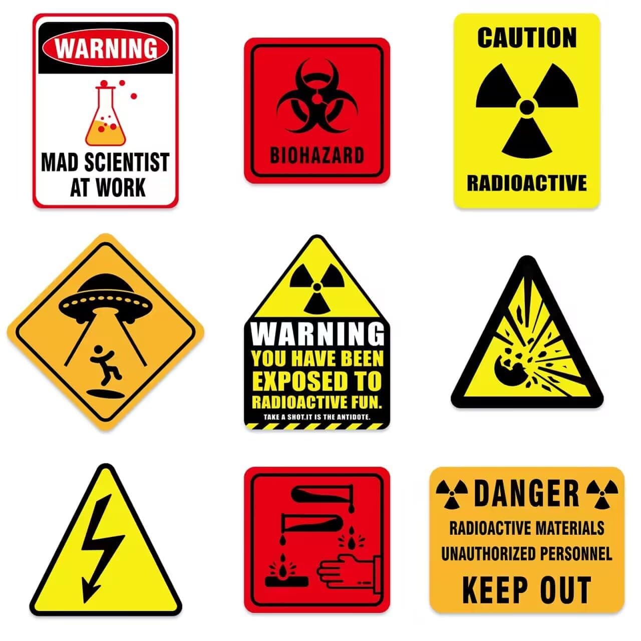 WERNNSAI Science Party Decorations - 9PCS Mad Scientist at Work Home Wall Decor Signs Funny Tags for Boys Kids Birthday Party Laboratory Sign Table Centerpieces Yellow Caution Logos on Door Supplies