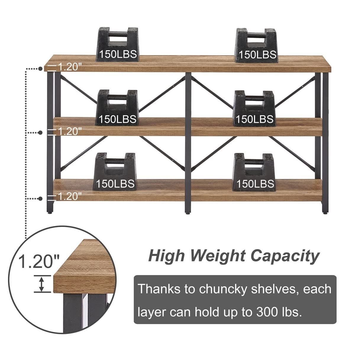 BON AUGURE 55 Inch Rustic Console Table for Entryway, Industrial Sofa Table with Shelves, Long Behind Couch Table for Living Room, 3 Tier Hallway Table for Entry (Vintage Oak)