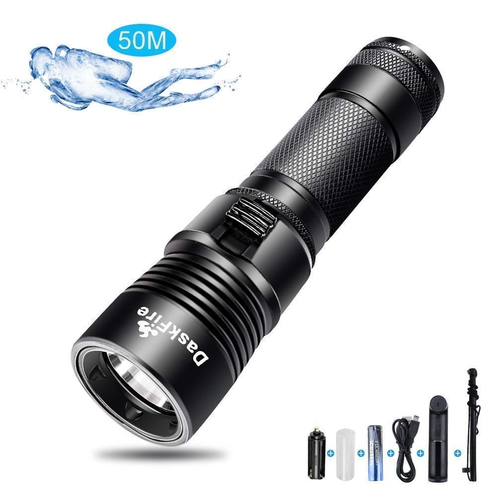 Rechargeable Flashlight Kit as Diving Flashlights, Underwater 50m Scuba Dive Lights, Brightest Hunting Torch Light, Waterproof Hiking Camping Lantern IPX8 [1000 lumen-1 Mode-18650 Battery-USB Charger]