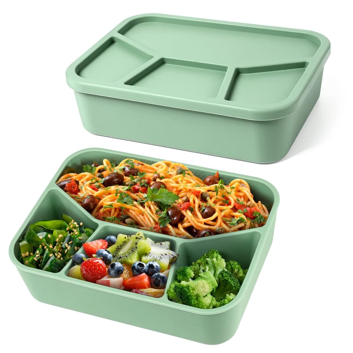 Keweis Silicone Bento Box, 4 Compartment Lunch Box Container with Lids, Leak-Proof Salad Bento Boxes, Airtight, Microwave, Dishwasher and Freezer Safe (Olive Green)