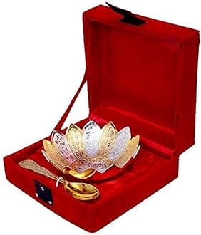 R Ayurveda Copper Silver And Gold Plated Metal Bowl Set With Spoon In Floral Pattern Best Wedding Return Gift. In Velvet Gift Box.Birthday Home Decor Housewaring Baby Shower Gift, 250 Ml