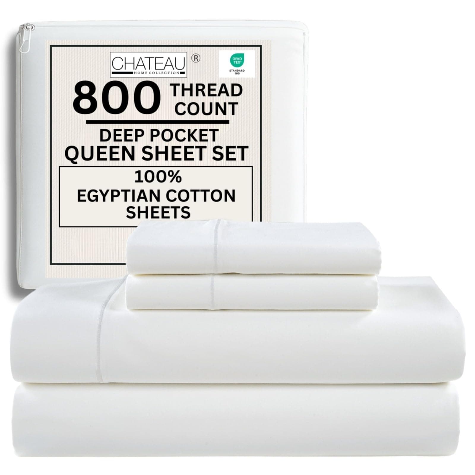 100% Egyptian Cotton Sheets Queen Size Bed Set, 15" Deep Pocket Queen Sheet set, Sateen Cotton Bed Sheet, Cool Soft Breathable No Pill Elasticated Luxury White Bedding For All Seasons
