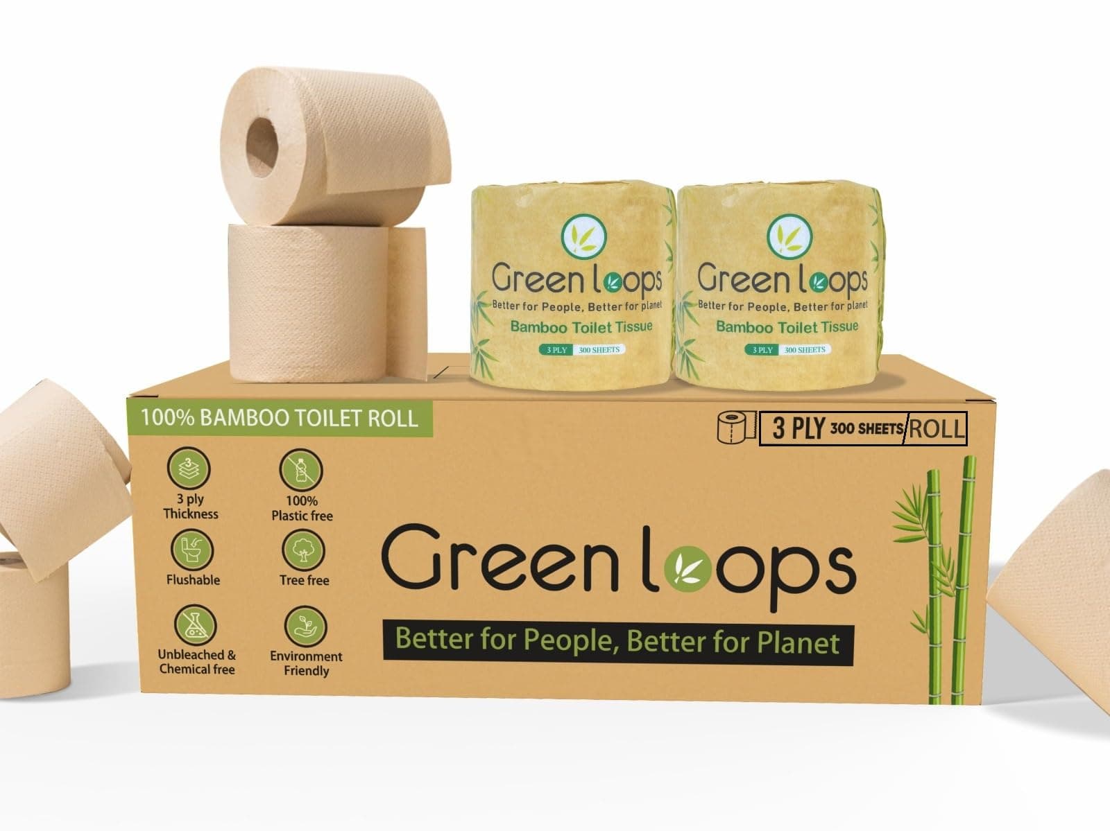 Green Loops Bamboo Toilet Tissue Rolls | 3-ply, 900 Pulls (300 x 3 Rolls) | Tissue Paper Roll, Toilet Paper Roll - Eco Friendly, Soft & Highly Absorbent, Unbleached, Chemical-Free, Box Pack
