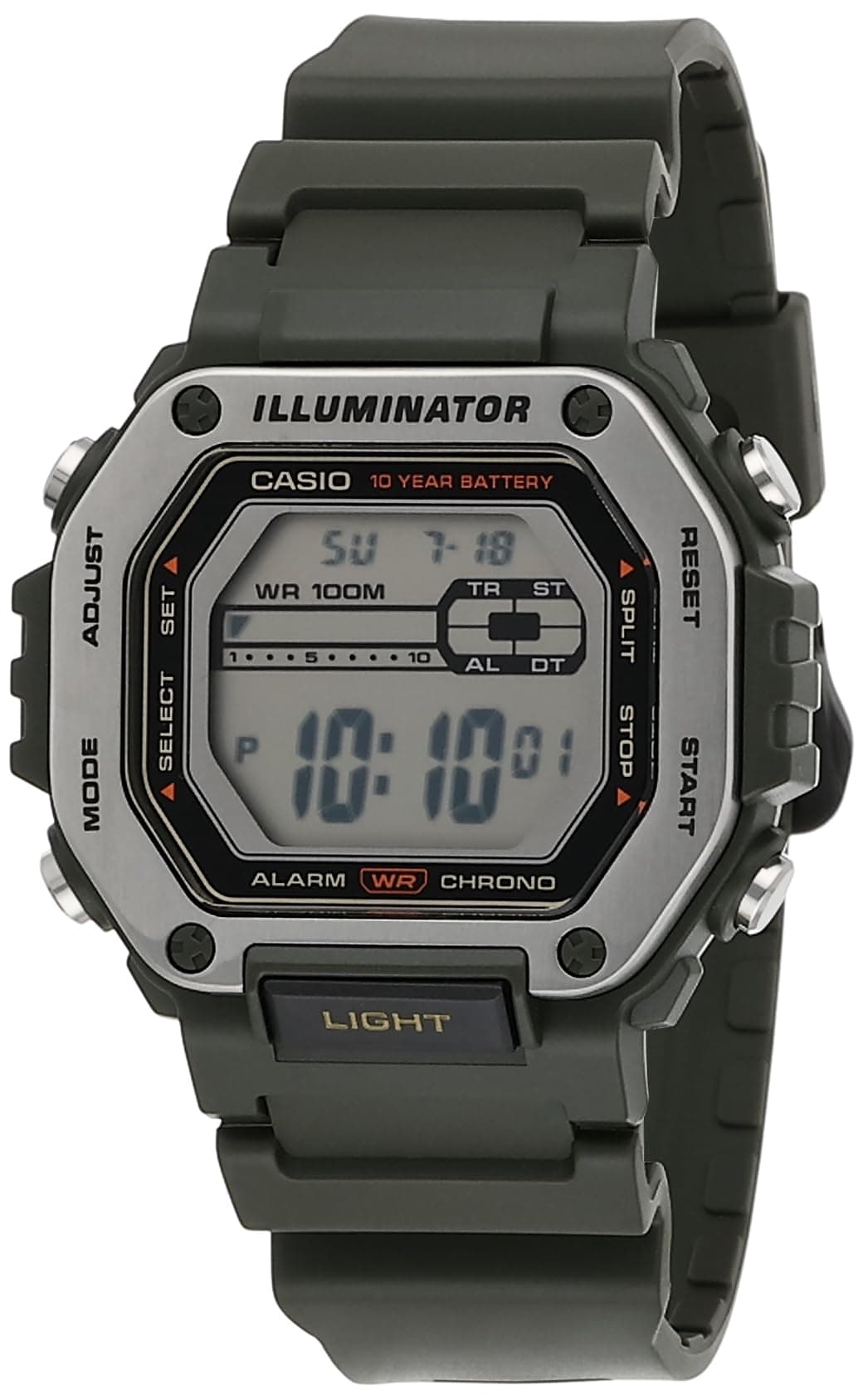 LED Illuminator 10-Year Battery 1/100 Second Stop Watch | Daily Alarm Men's Watch MWD-110H-3AV