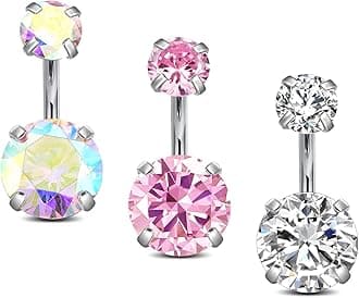 Incaton14G Belly Button Ring Surgical Stainless Steel Round Cubic Zirconia Navel Barbell Belly Rings For Women 6/8/10/12mm