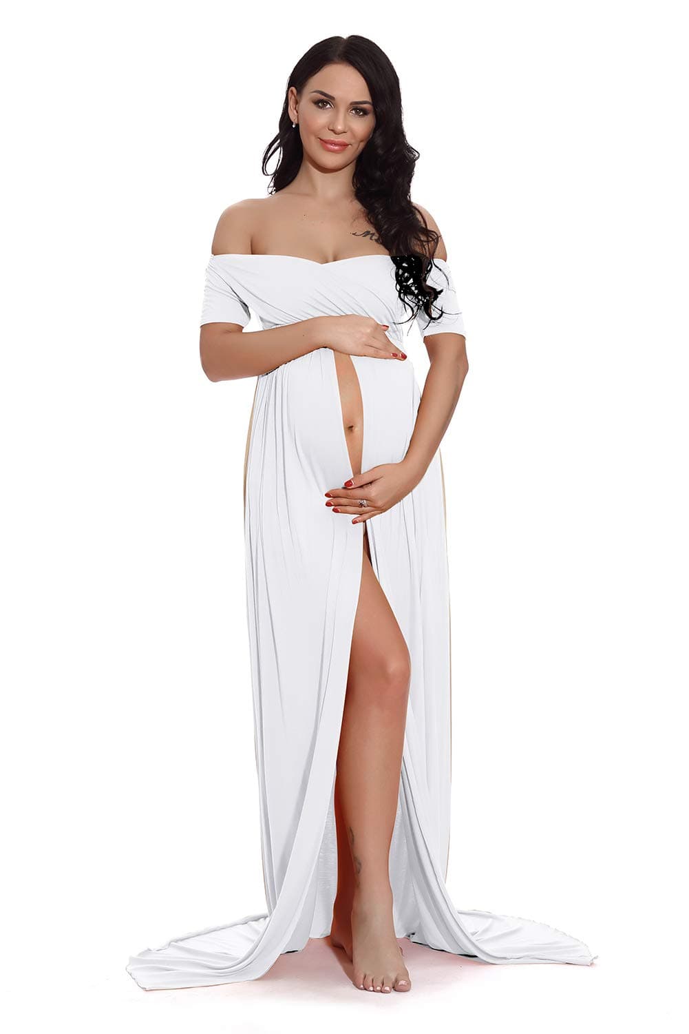 Maternity Off Shoulder Wraped Ruched Gown Split Front Maxi Photography Dress