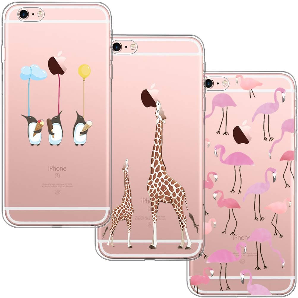 [3 Pack] iPhone 6 Case, iPhone 6S Case, Ultra Thin Soft Gel TPU Silicone Case Cover with Cute Cartoon for Apple iPhone 6 / 6S - Flamingo & Giraffe & Penguin