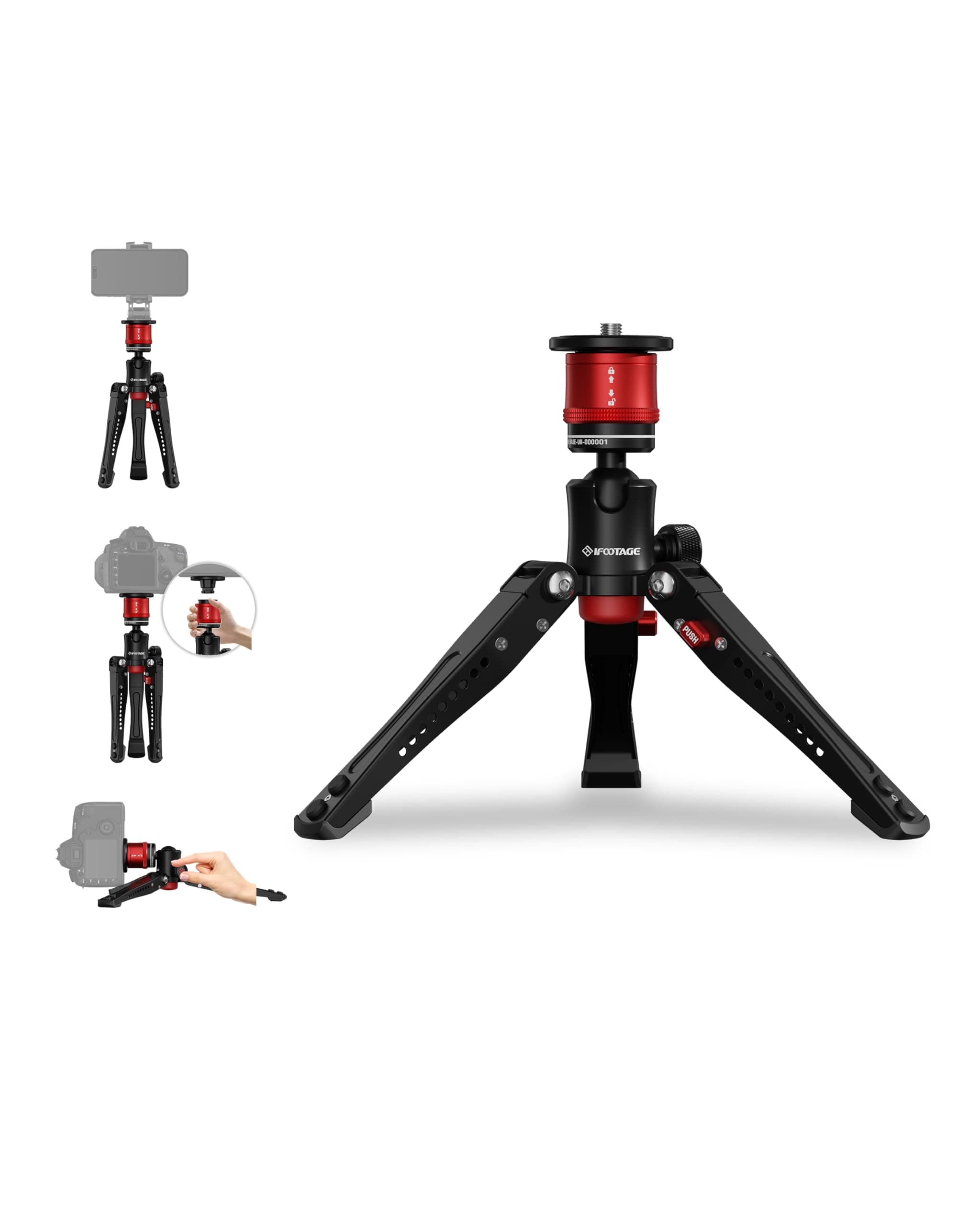 IFOOTAGE Cobra 3 Monopod Base,10" Desktop Mini Tripod,Small Camera Tripod for,Monitor,Phone Holder Clip,Mini Ball Head,LED Flash,1/4"&3/8" Automatic Switching Screw,Load up to 17.64lb/8kg