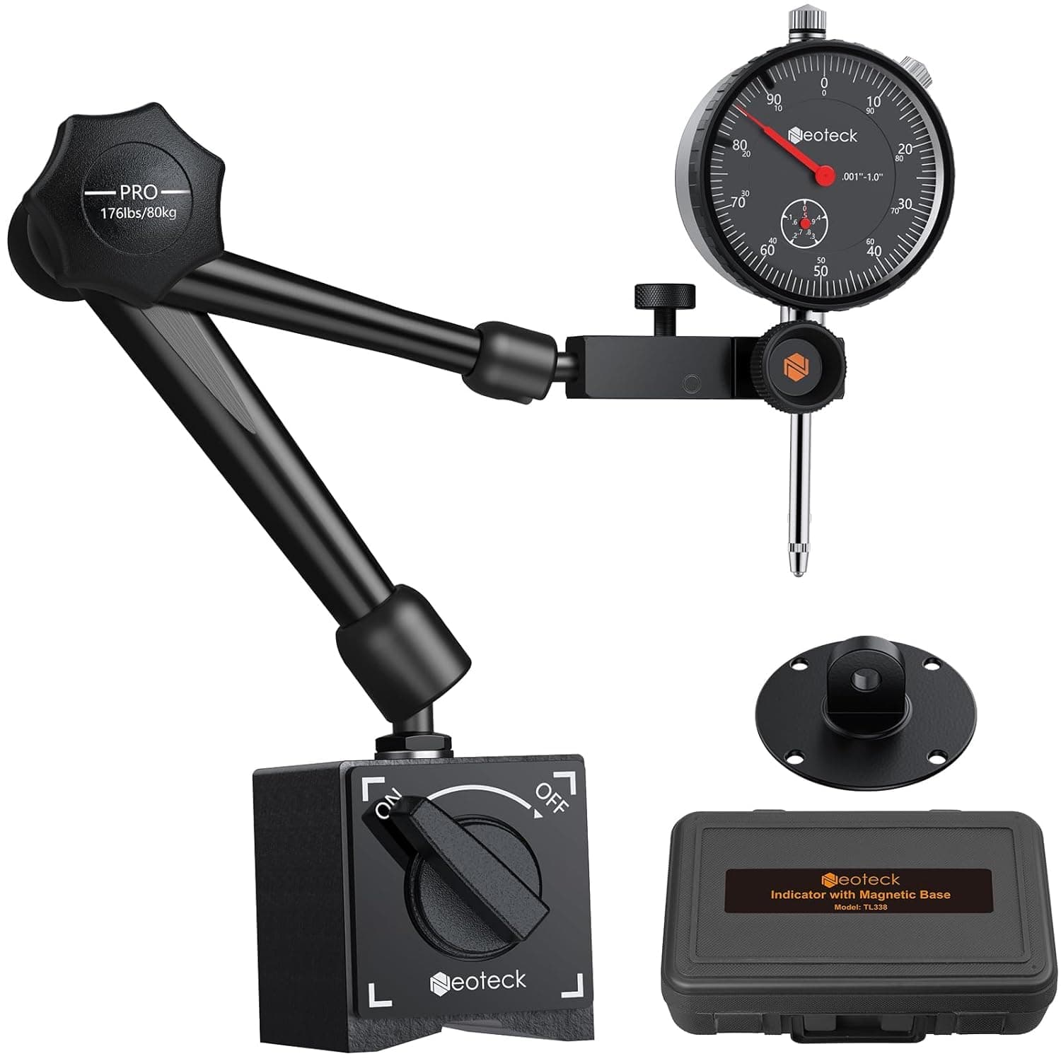 0-1"/0.001" Dial Indicator and Magnetic Base Set with Storage Case, Dial Gauge and Magnetic Holder for 3D Printer Lathe Workshop CNC Machine Table Saw- 176lbs (80kg) Max Pull-Black