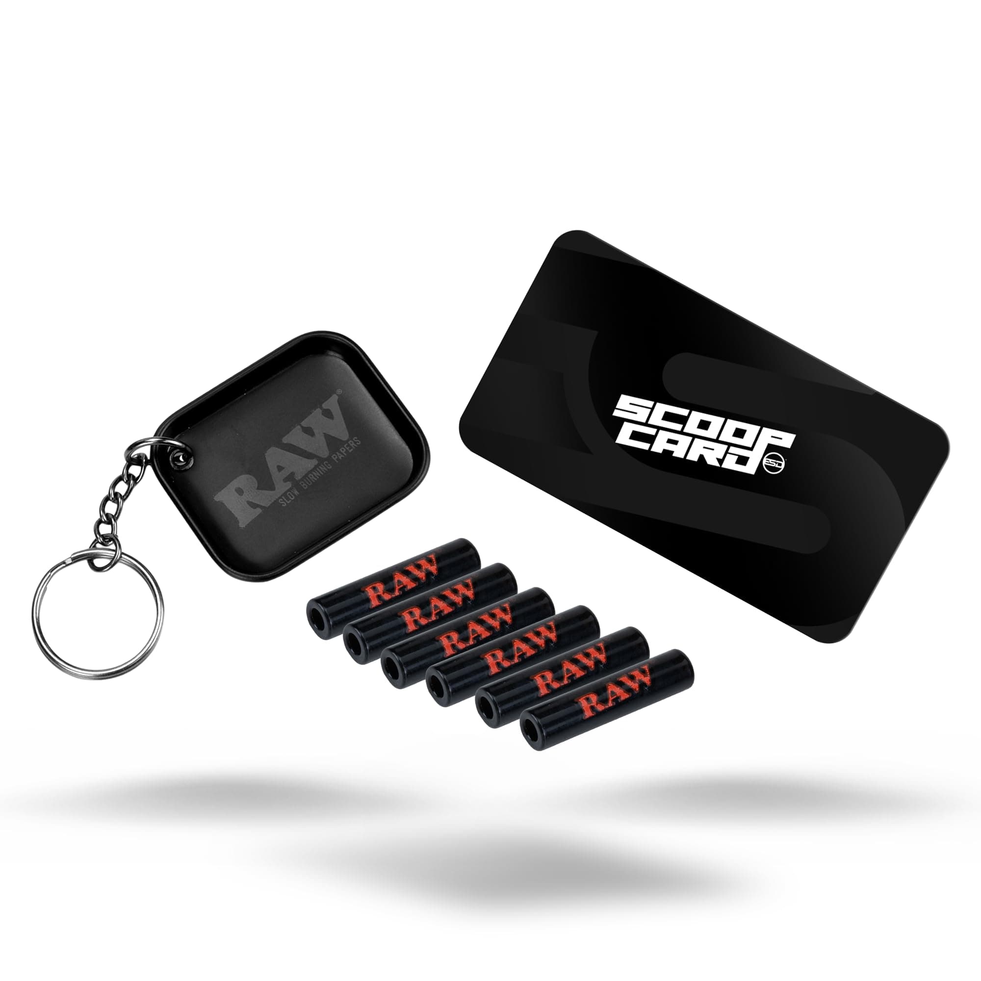 RAW Black Glass Rolling Tips - 6 Pack + Limited Edition RAW Tiny Matte Black Murder'd Tray Key Chain and Scoop Card - Reusable, Heat-Resistant, Premium Design