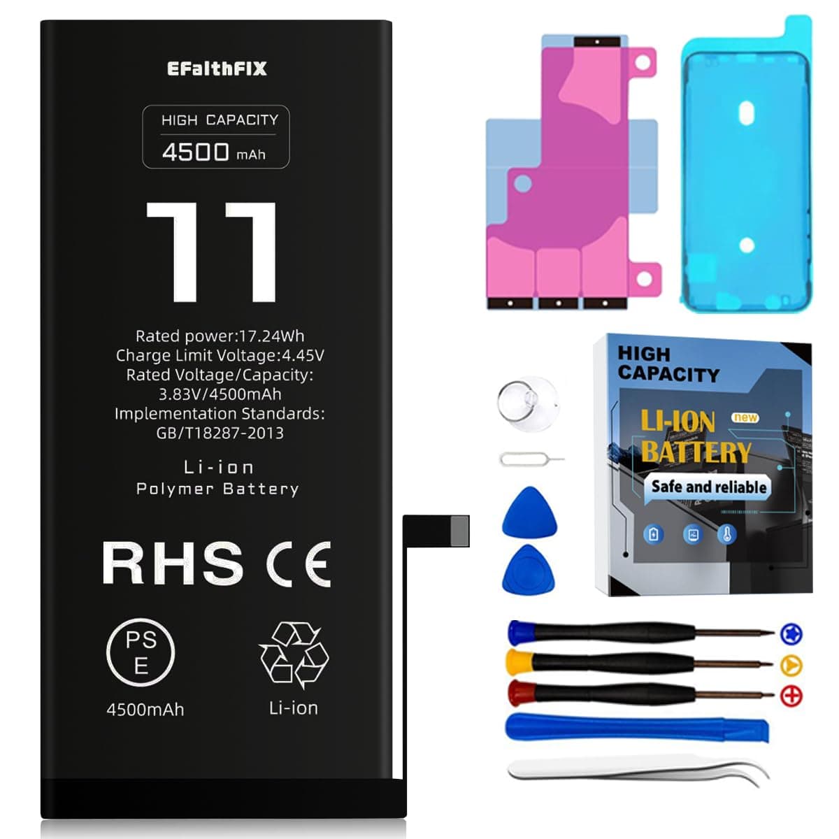 EFAITHFIX 4500mAh Upgraded Replacement Battery Compatible with iPhone 11, High Capacity New 0 Cycle A+ Battery Replacement for iPhone 11, for Model A2111, A2223, A2221 with Complete Repair Tool Kit