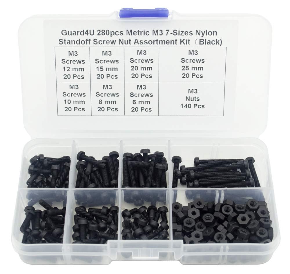 280pcs Metric M3 7-Sizes Nylon Phillips Pan Head Screw Nut Assortment Kit，Screw M3x 6mm 8mm 10mm 12mm 15mm 20mm 25mm, Nut Hex M3 (Black)