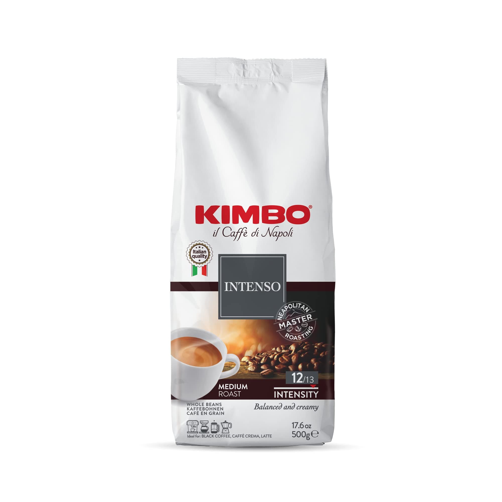 Intenso Whole Bean Coffee | Medium Roast with Cocoa Notes | 12/13 Intensity | Balanced & Creamy | Blended & Roasted in Italy | 17.6 oz (500g) bag