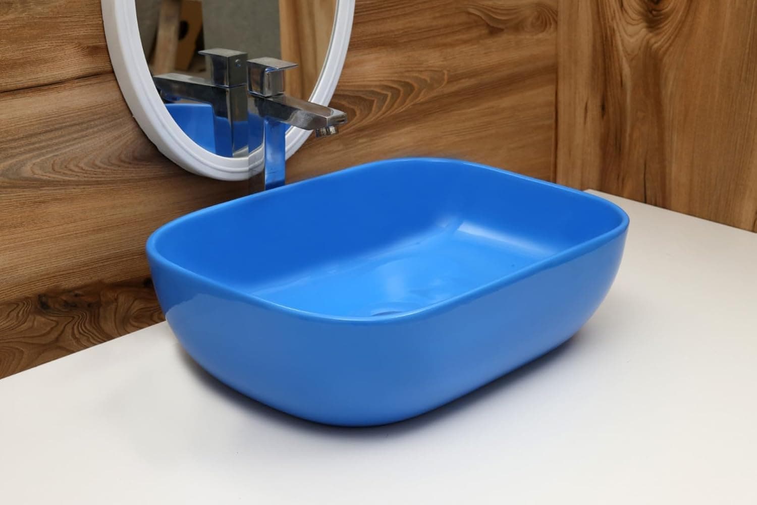 Ceramic Countertop Wash Basin | Designer Table Top Bathroom Basin Sink | Vessel Sink Wash Basin Over Counter for Bathroom, Hotel, Home Living Room (18x13x5.5 Inch) (Glossy Light Blue)