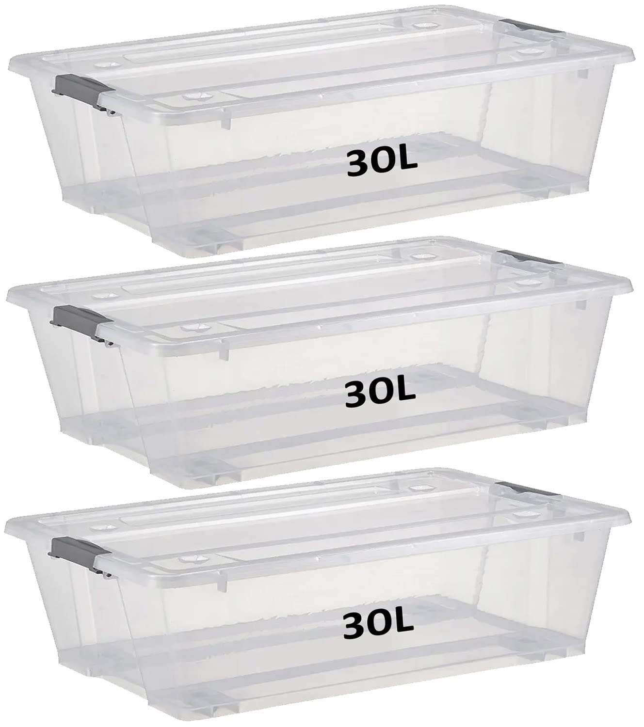 Premify 30L Storage Box With Lid & Wheels | Slim Under Bed Plastic Organizer – 3pcs Stackable Transparent Boxes Storing Clothes, Toys, Shoes, Tools, Medicine, Office Supplies, Arts & Crafts, Kitchen