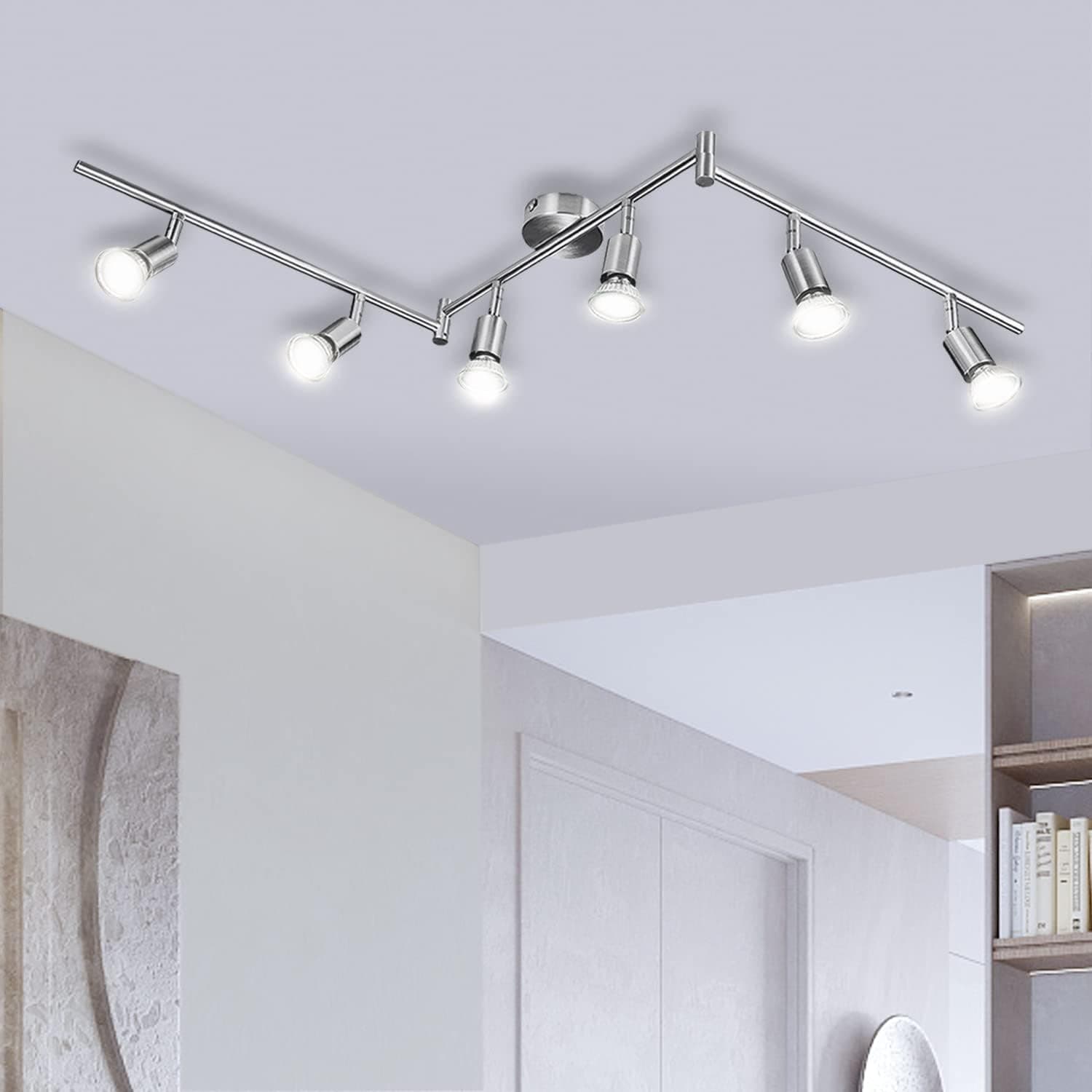 Bojim Rotatable Kitchen Ceiling Light, Adjustable Bedroom Spotlights, Nickel LED Track Lighting, 6 Way Ceiling Lamp Indoor, 6 GU10 Bulbs, 6W 4000K for Livingroom Gym Office