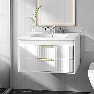 30" Bathroom Vanity Cabinet with Ceramic Sink, Wall-Mounted Floating Vanity, Integrated Sink, 2 Large Storage Drawers, with Sensor LED Light, Metal Handles, for Small Bathroom, Home, Spa, Hotel, White