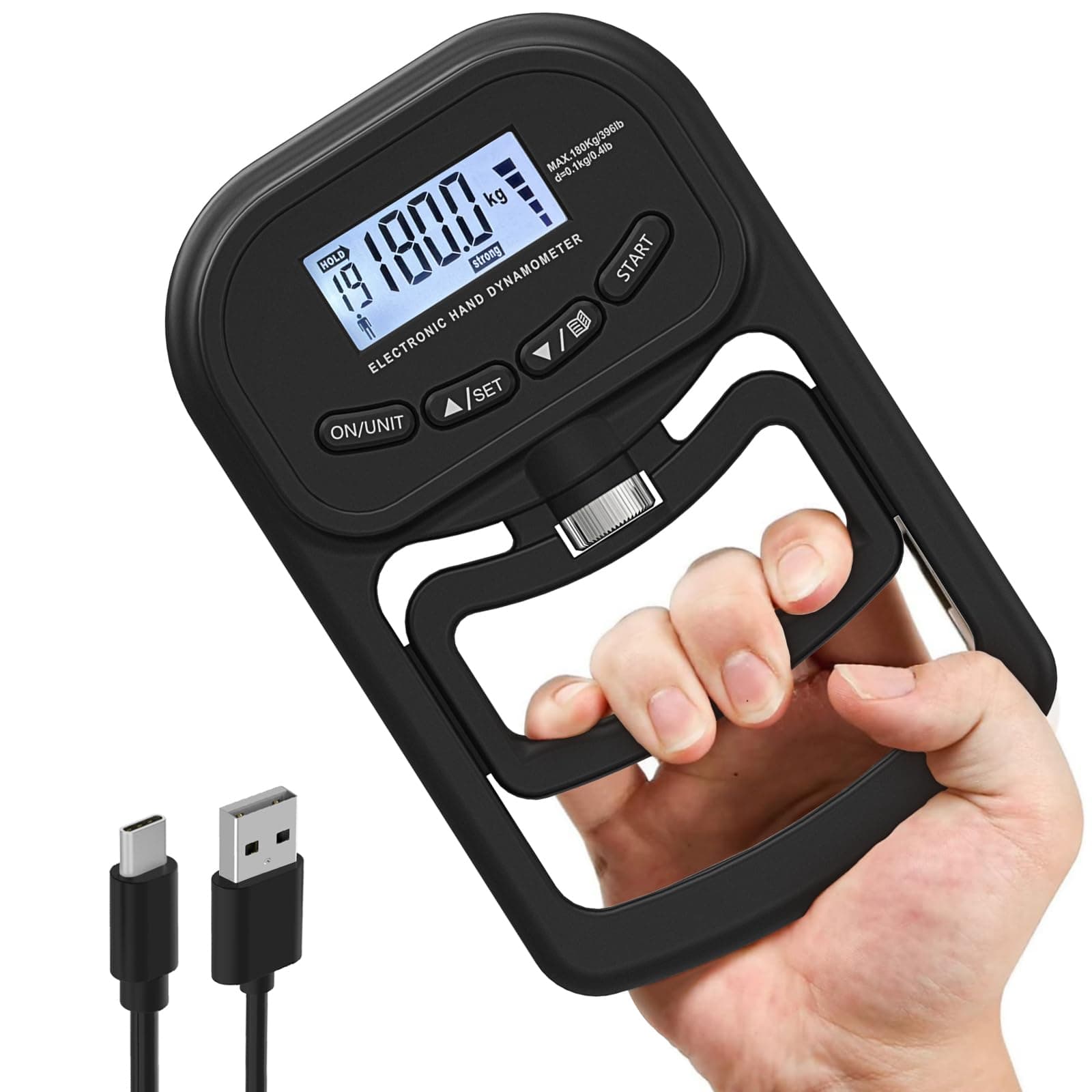 396lbs / 180kg Grip Strength Trainer, Rechargeable Electronic Hand Dynamometer, Digital Grip Strength Tester with LCD Display, Adjustable Hand Grip Dynamometer Hand Exercisers for Strength