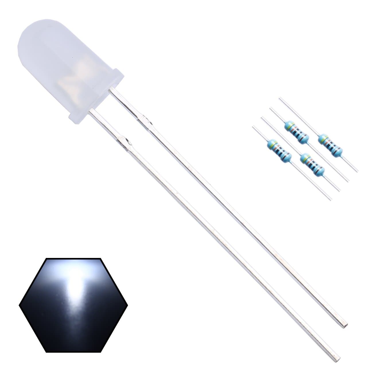 100pcs 5mm White Blinking Diffused LED Diodes 1.5Hz Flash (Single Color Flashing) Round Lens 29mm Lead DC 3V Blink Bulb Lamp Light Emitting Diode +100pcs Resistors 430ohm for DC 6-12V Included