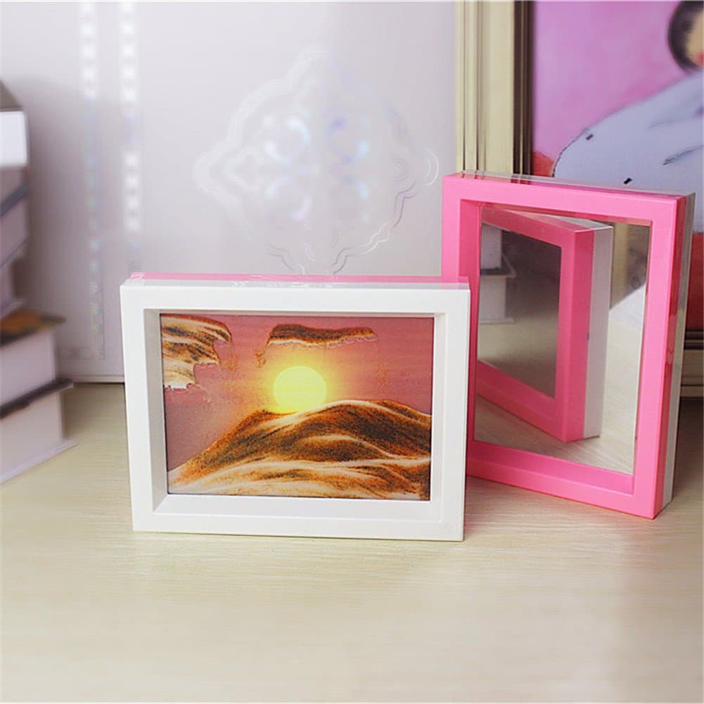 Deerbird® Two Side White and Pink Frame Sunrise Scenery Moving Sand Picture Dynamic Framed Sand Art with Make up Mirror