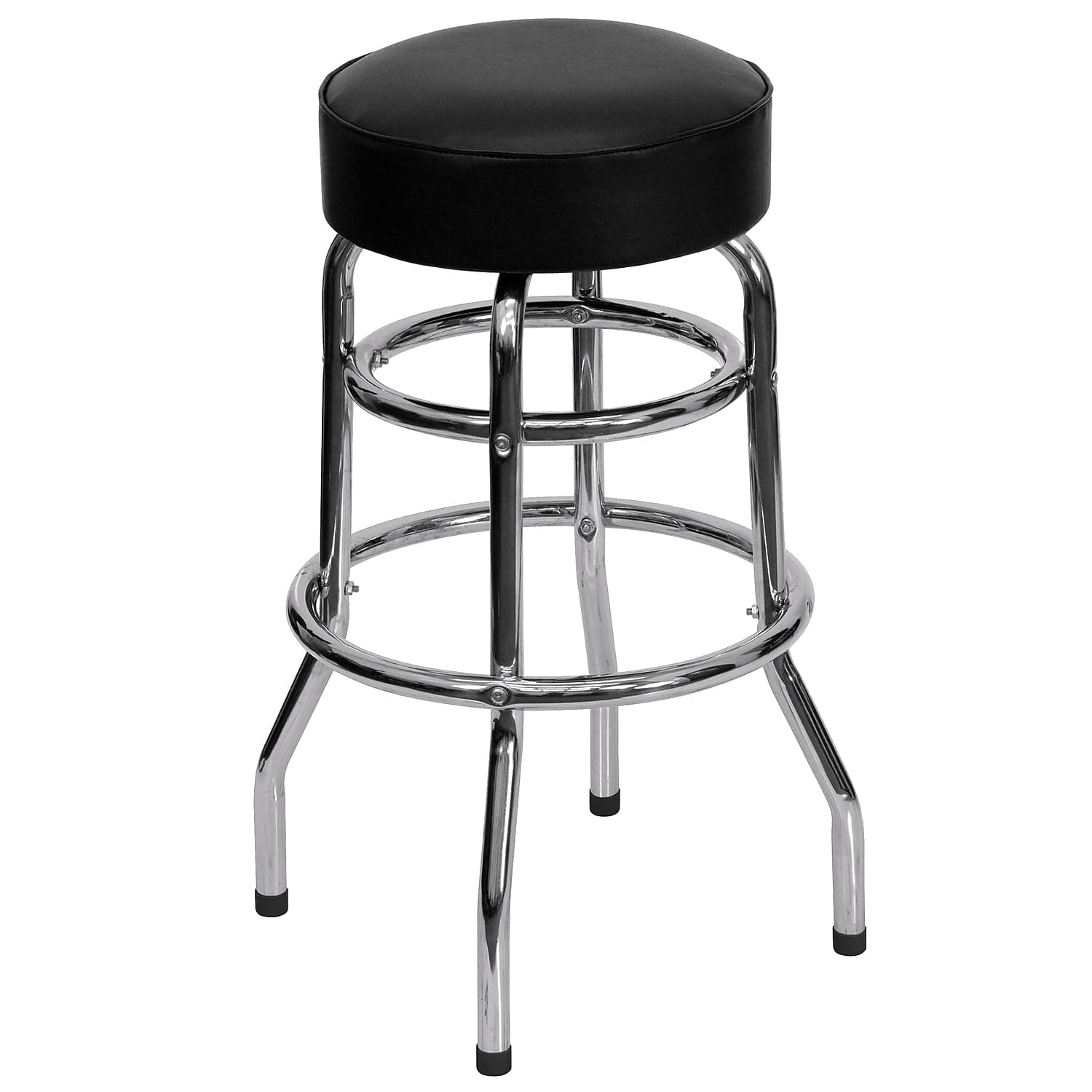 Flash Furniture Bruno Double Ring Chrome Backless Barstool with Black Upholstered Seat and Integrated Footrest