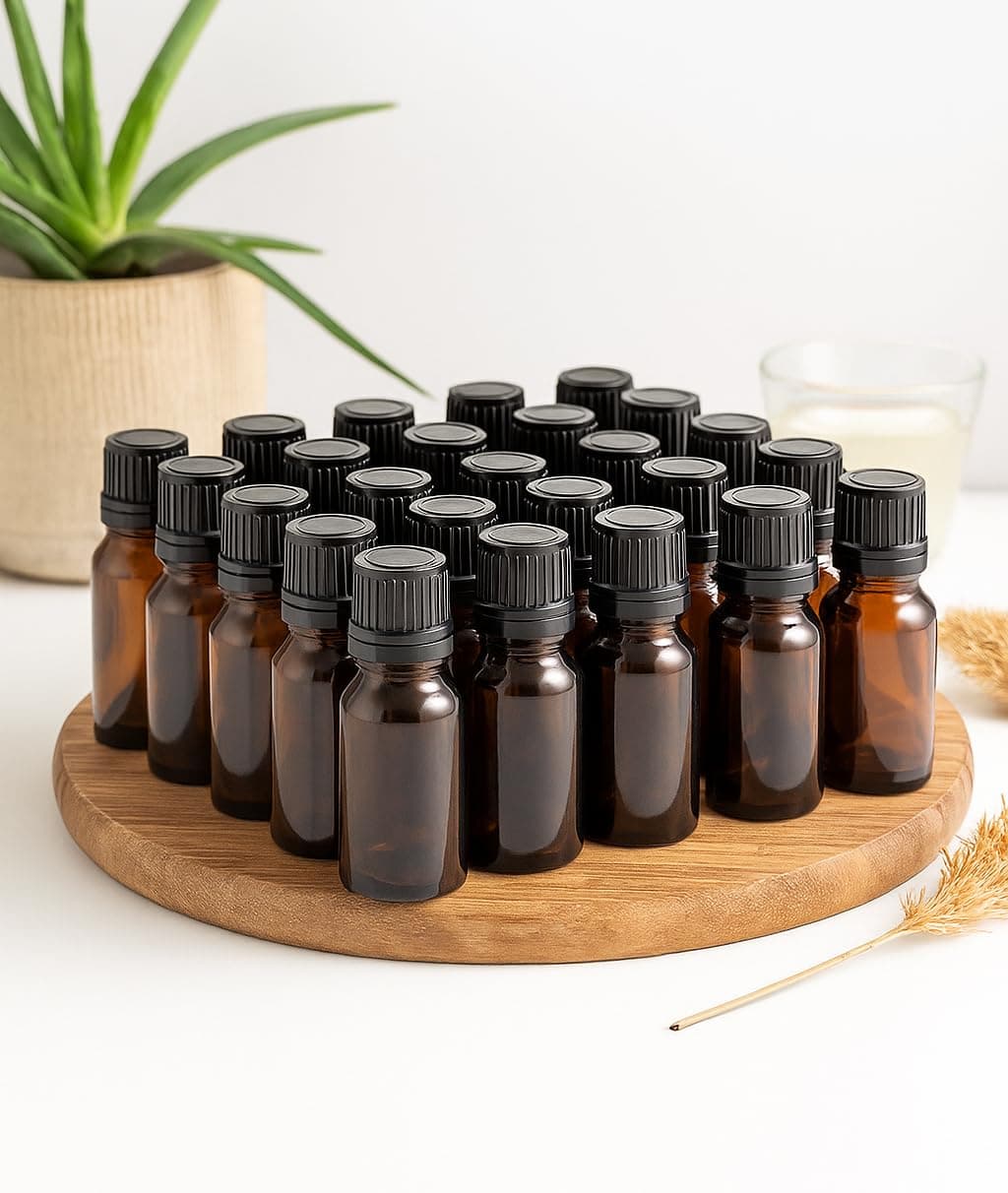 RTWARE 10 ml Amber Round Empty Glass Bottle with Euro Dropper and Black Cap (Pack Of 24), Refillable, Reusable for Essential Oils, Blends, Diy Perfumes, Homeopathy And Medicine