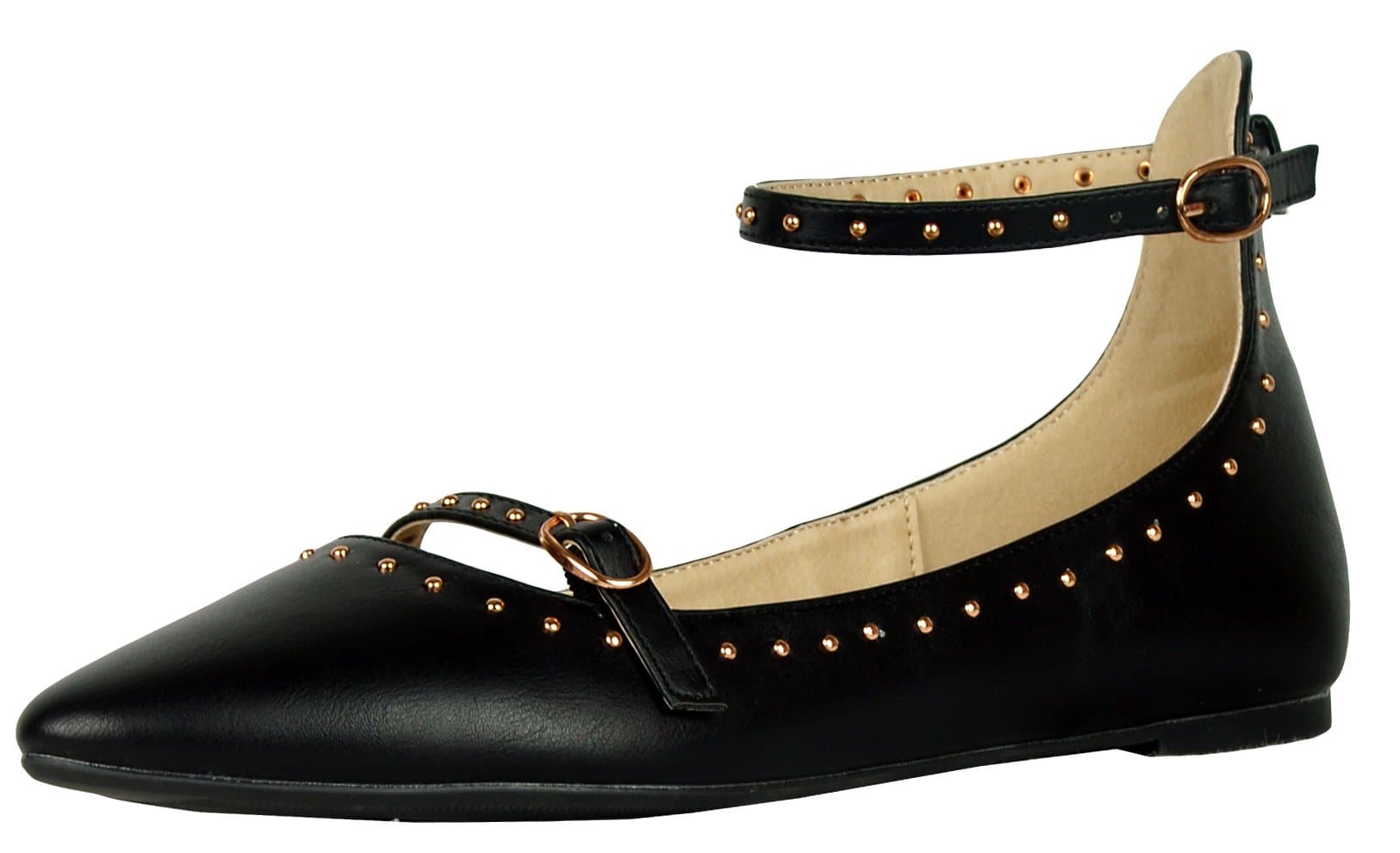 Women's Closed Pointed Toe Buckled Ankle Strap Studded Ballet Flat