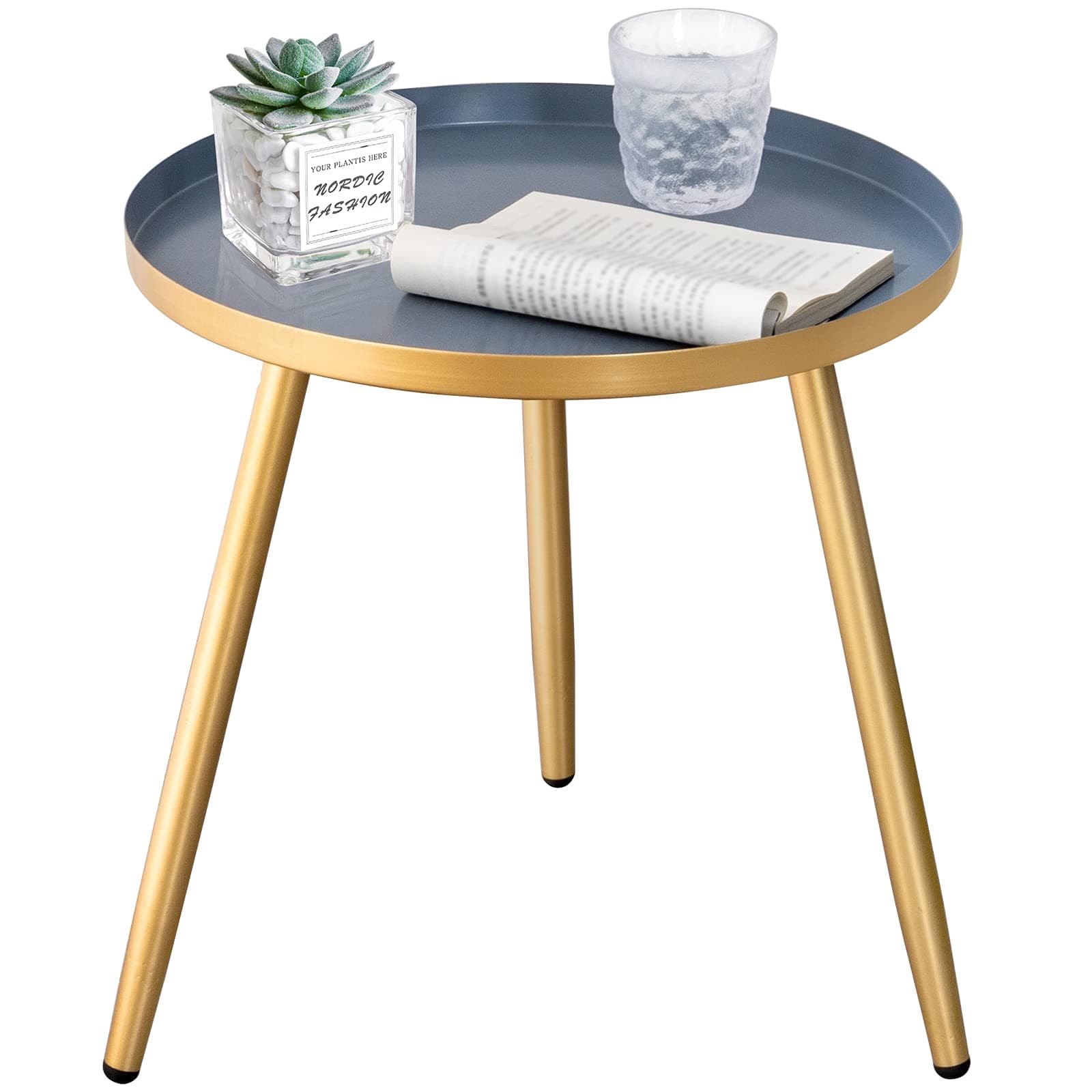 FUNME Tray Metal Round Side End Table Gold Accent Coffee Table for Living Room Bedroom Indoor or Outdoor (Gold Grey)