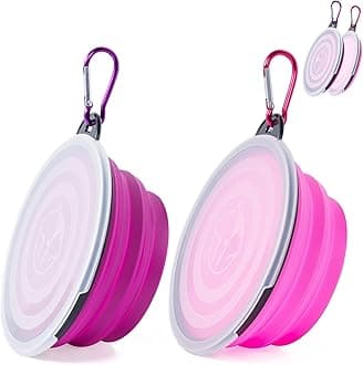 SLSON Dog Bowls Pet Collapsible Bowl with Cover Lids,2 Pack Dog Travel Bowls Portable Foldable Cat Water Dish Bowl for Pets Walking Parking Camping (Pink and Purple, Small)