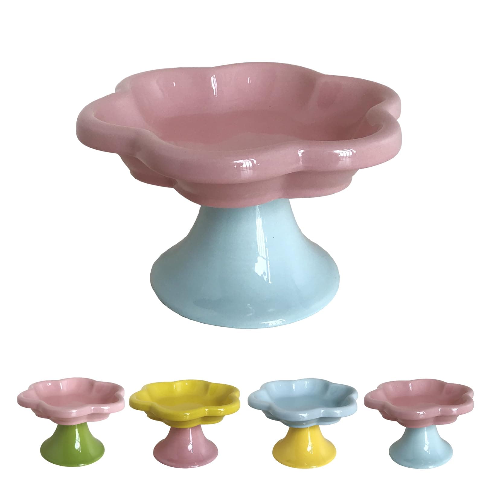 Ceramic Elevated Cat Bowls Flower Dish,Small Raised Dish.Flower Ceramic Raised Bowls for Cats and Small Dogs reducing pet’s Neck Bending and Pressure(Pink Blue)