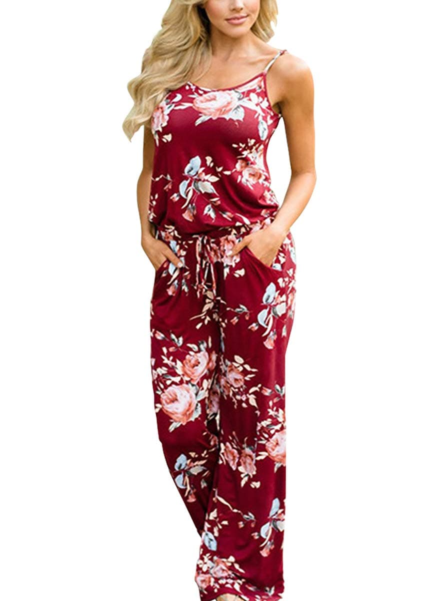 AMiERY Women's Floral Printed Jumpsuits Solid Rompers Casual Comfy Striped Jumpsuit with Pockets