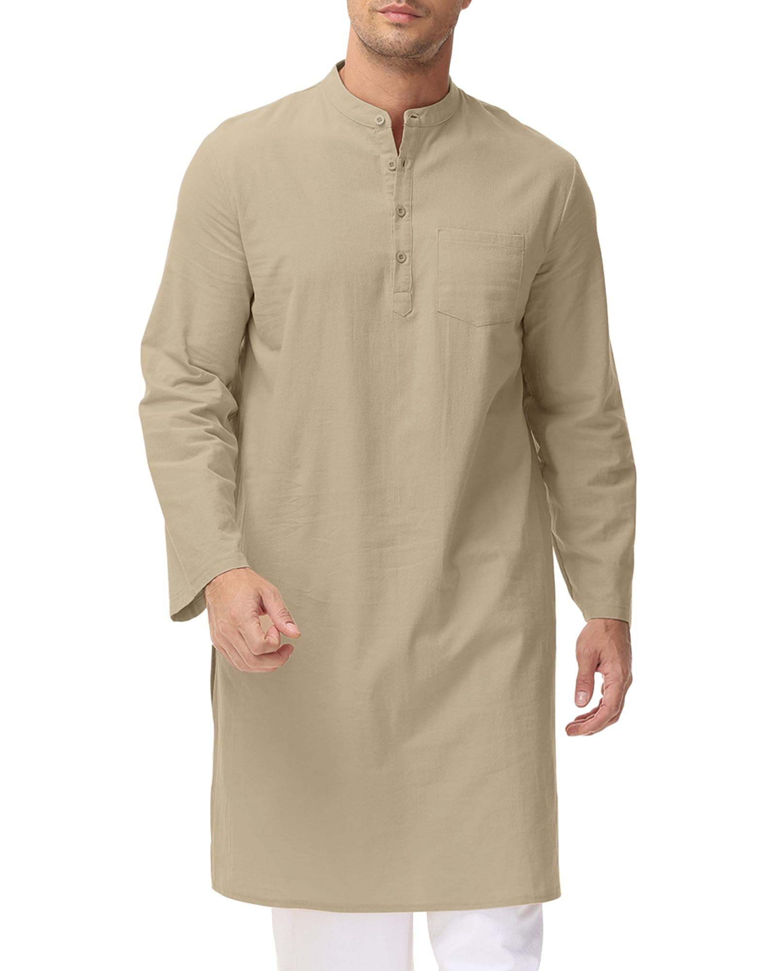 LVCBL Men's Kaftan Robe Long Sleeve Linen Thob Side Split Button Down Robe Henley Casual Shirts