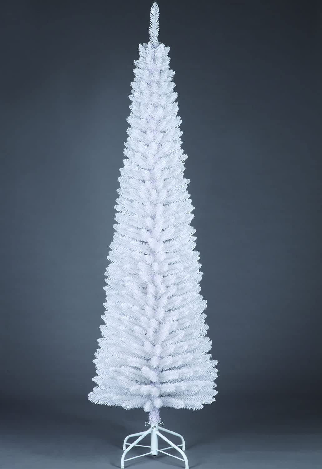 8Ft/2.4m Slim Christmas Tree Artificial White Pencil Tree 828 Pointed Tips, Metal Stand, Holiday Home Decorations