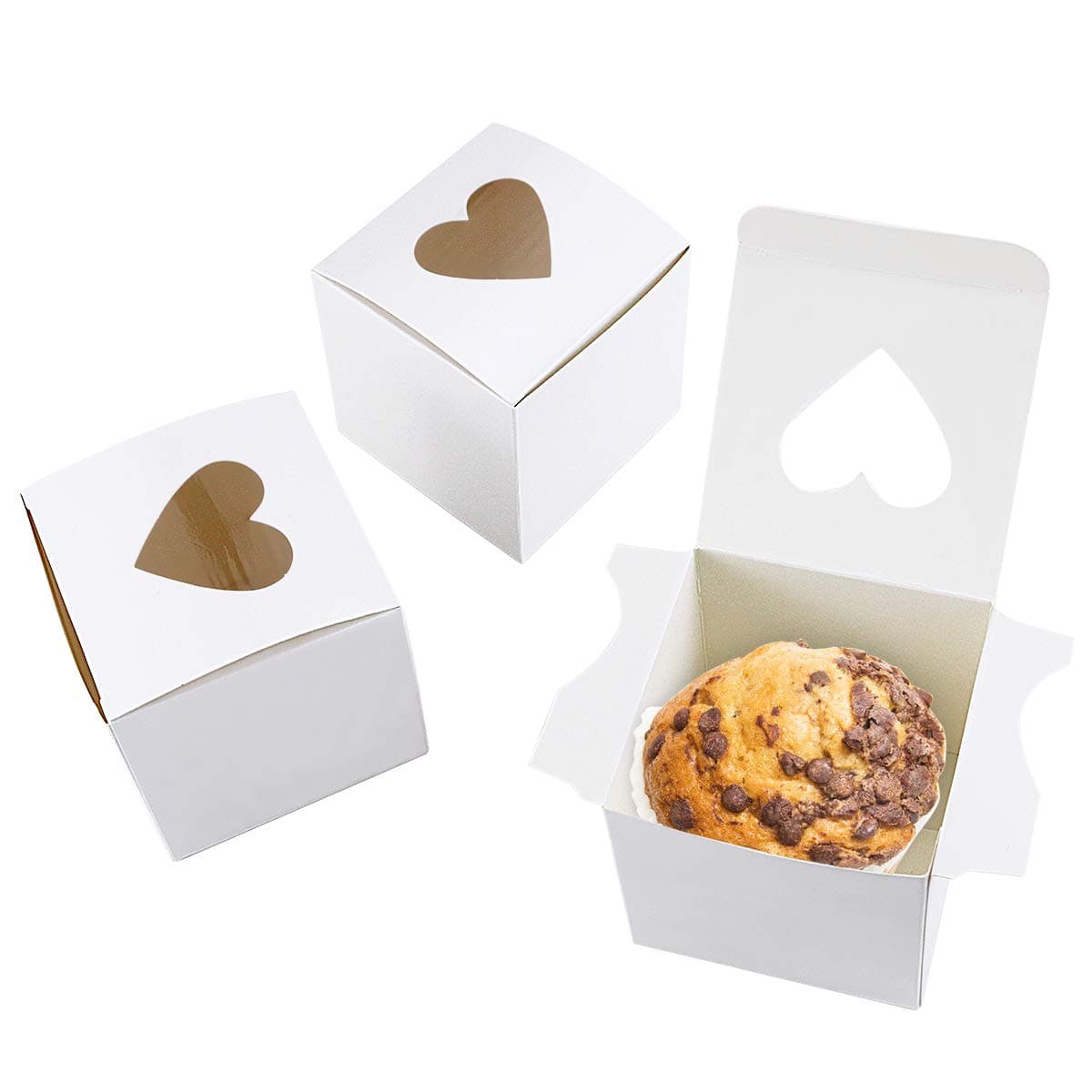 50 Pack 3" Mini Individual White Cupcake Box with Heart Shaped Window,Small Single Favor Bakery Candy Paper Box Container for Mini Cake Cupcake Cookie Dessert Pastry Wedding Valentine's Day
