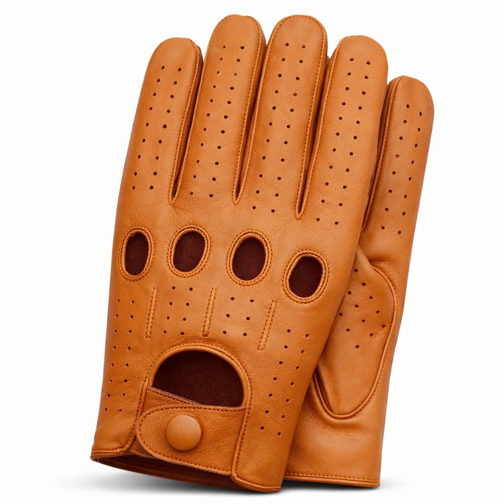 Riparo Men’s Perforated Leather Driving Gloves – Cognac Genuine Cowhide – Full-Finger Classic Motoring Style, Breathable Luxury Gloves (Medium, Tan)