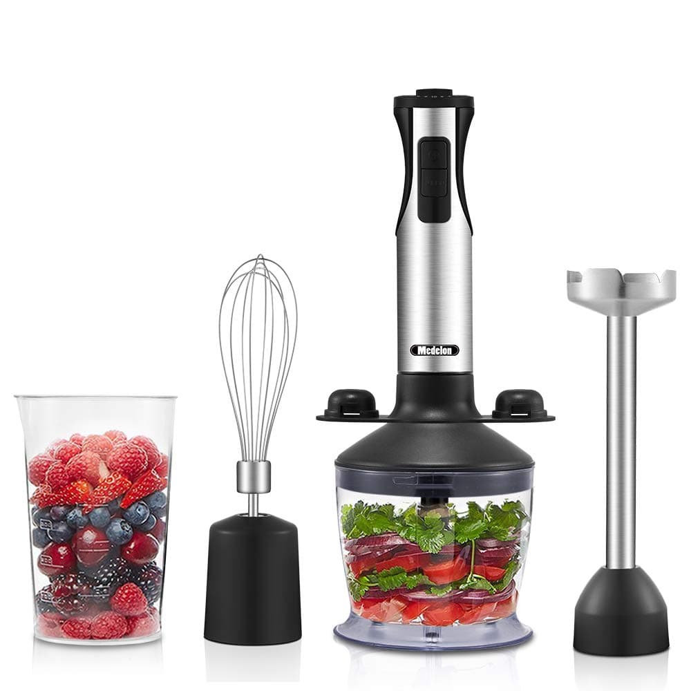 Medelon Immersion Blender,2018 Hand Blender NEW Design Powerful 4 in 1 Set 20 Speeds Control Baby Food Chopper, Includes 500ml Food Chopper, Beaker (600ml) ,Egg Whisk, Bracket (Black)- 3 Years Warranty