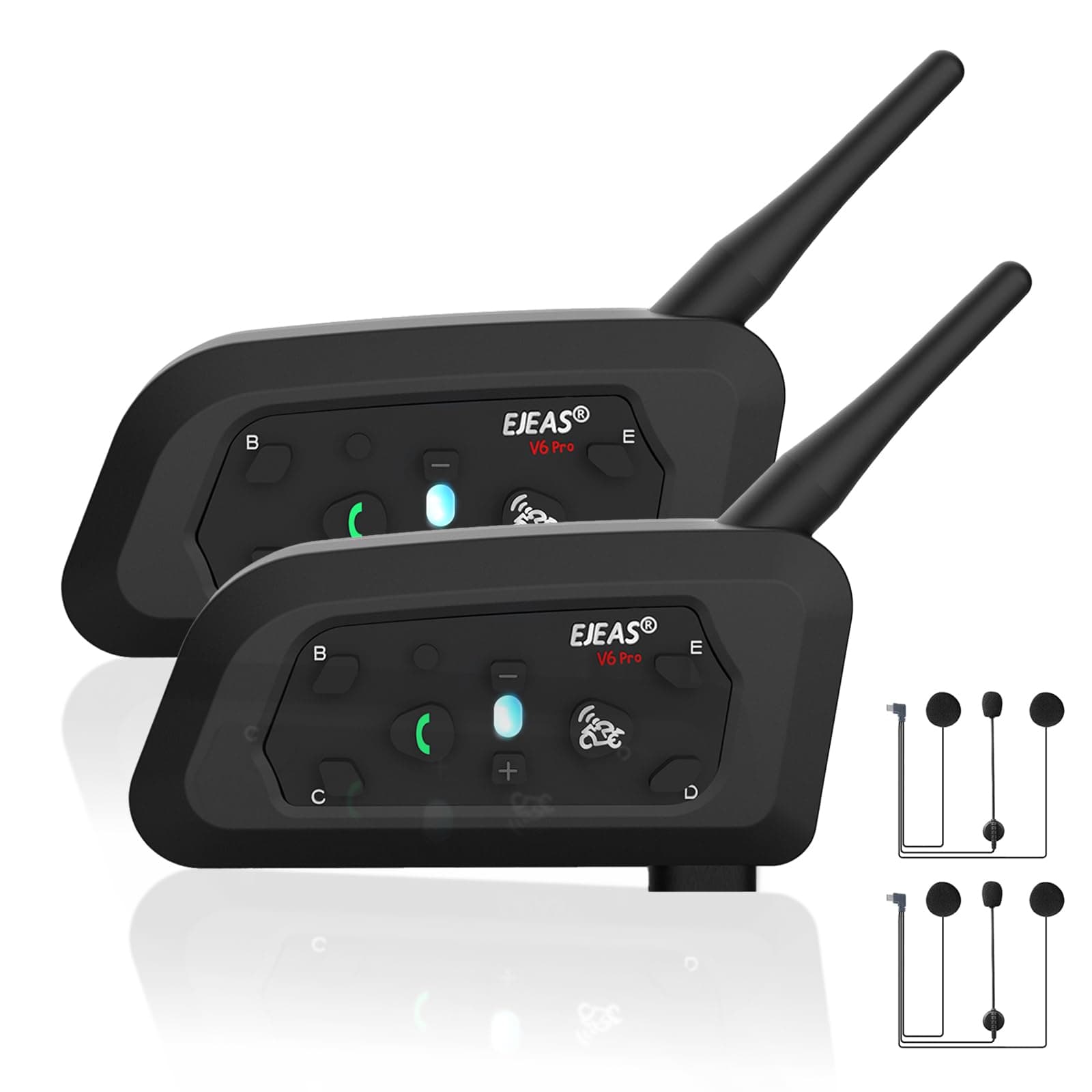 EJEAS Motorcycle Helmet Bluetooth Headset V6 Pro, 2-Way 1200M Motorbike Intercom Communication System for Ski/ATV/Dirt Motorbike/Off Road for Full-face Flip-up Helmets (2 Pack)