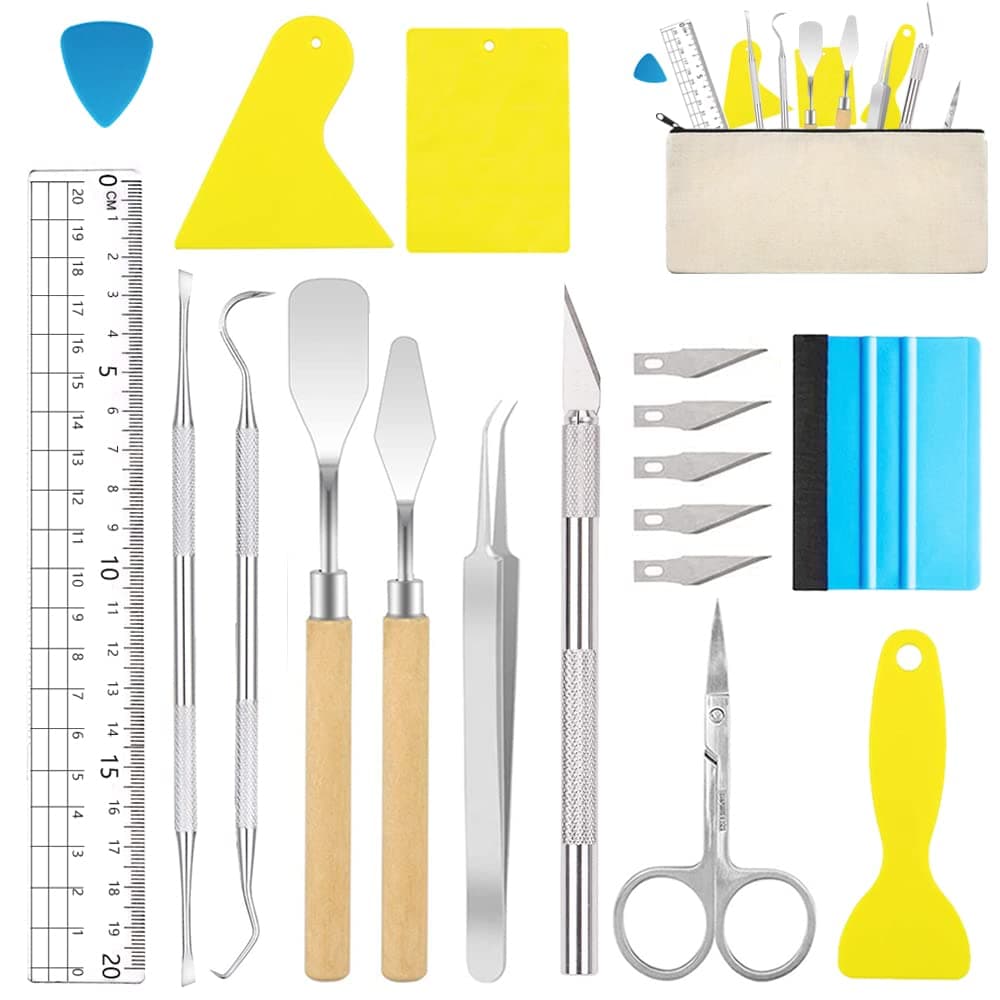 18 pieces vinyl weeding tools stainless steel plotter accessories HTV + 1 piece storage bag, DIY craft tool set, cameos, lettering, including weeding hooks, tweezers, spatulas for silhouette