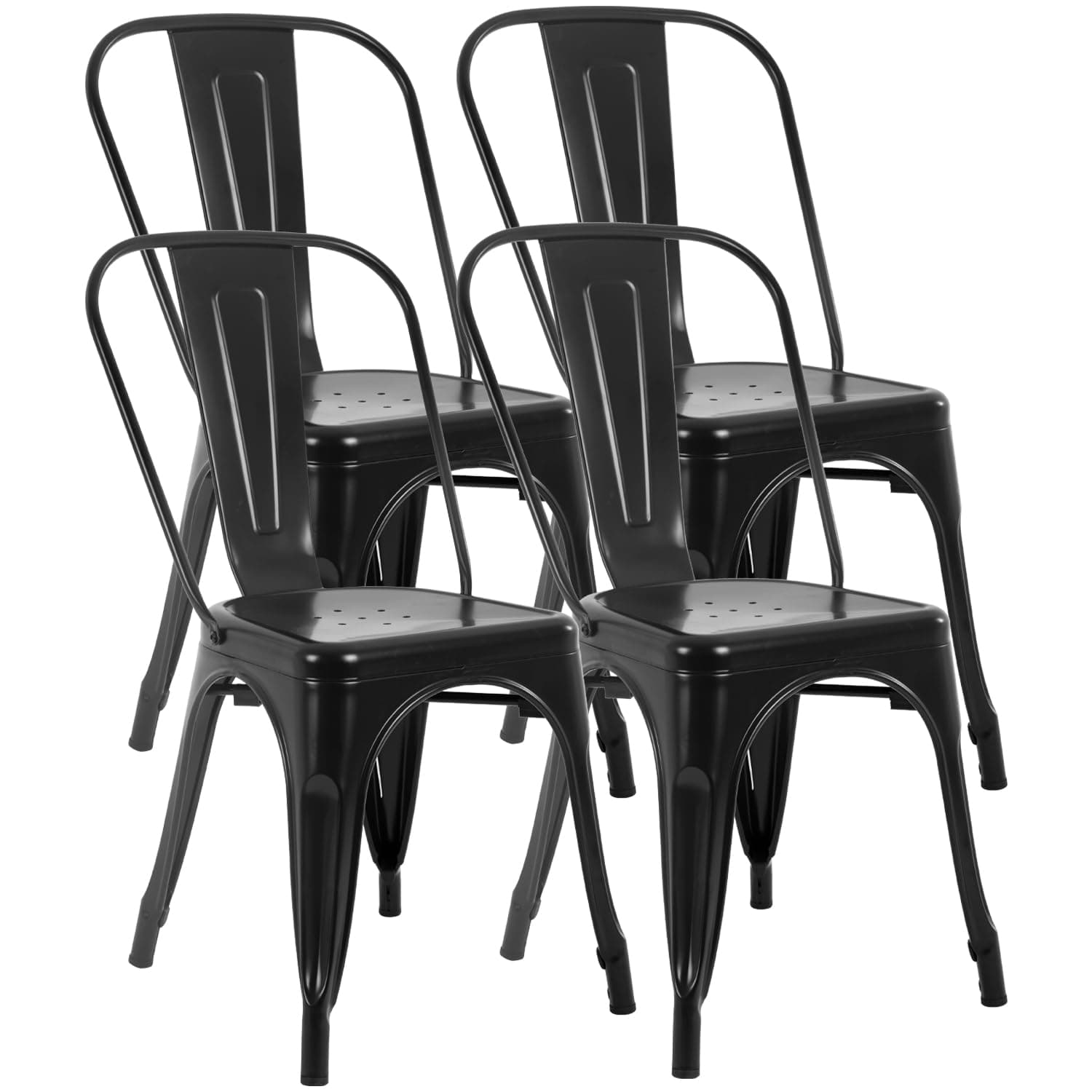 FDW | Metal Dining Chairs | Set of 4 | Black | Stackable Tolix Side Chairs with Backrest | Scratch-Resistant | Non-Slip Feet | Indoor/Outdoor Use | 330 lbs Capacity | for Kitchen & Restaurant