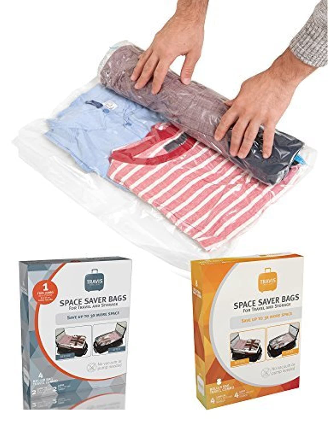 Compression Bags for Travel (No Vac or Pump Needed) Reusable Sealed Space & Storage Saver Packs for Clothes, Comforters, Packing Blankets, 2 Pack Set
