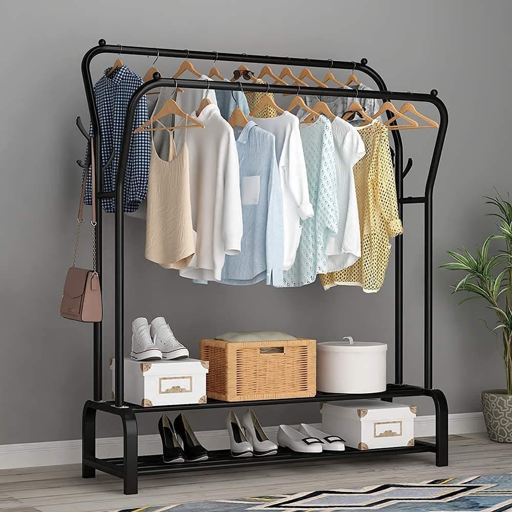 Multipurpose Double Garment Rack Heavy Duty Cloth Rail with 2 Bottom Shelf Coat Jacket Hanger Shoe Stand (Black / 128 x 110 x 33cm)