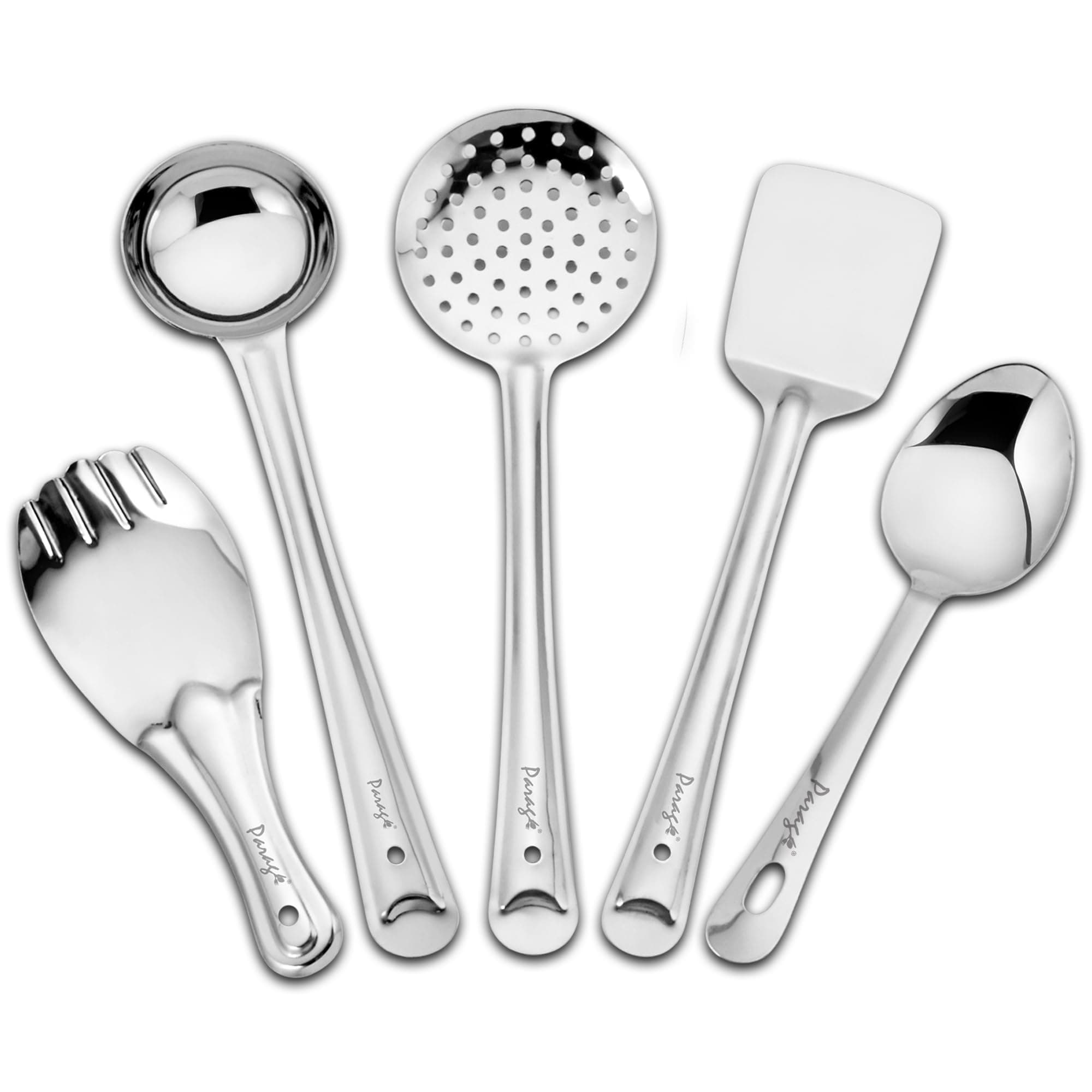 5 Pieces Stainless Steel Kitchen Tools Set for Kitchen Cooking and Serving, Pack of 5, Ladle(Karchhi), Skimmer(Jhara), Turner/Spatula (Palta), Basting and Rice Spoon, Silver, 34.5 cm