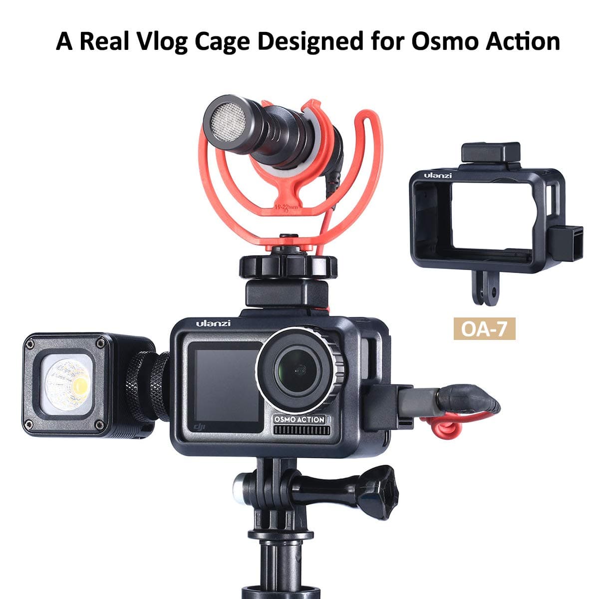 OA-7 OSMO Action Vlog Cage Housing Case Protective Video Case Frame with Cold Shoe Mount Housing Shell Universal Expansion Microphone LED Video Light compatible for DJI OSMO Action Accessories