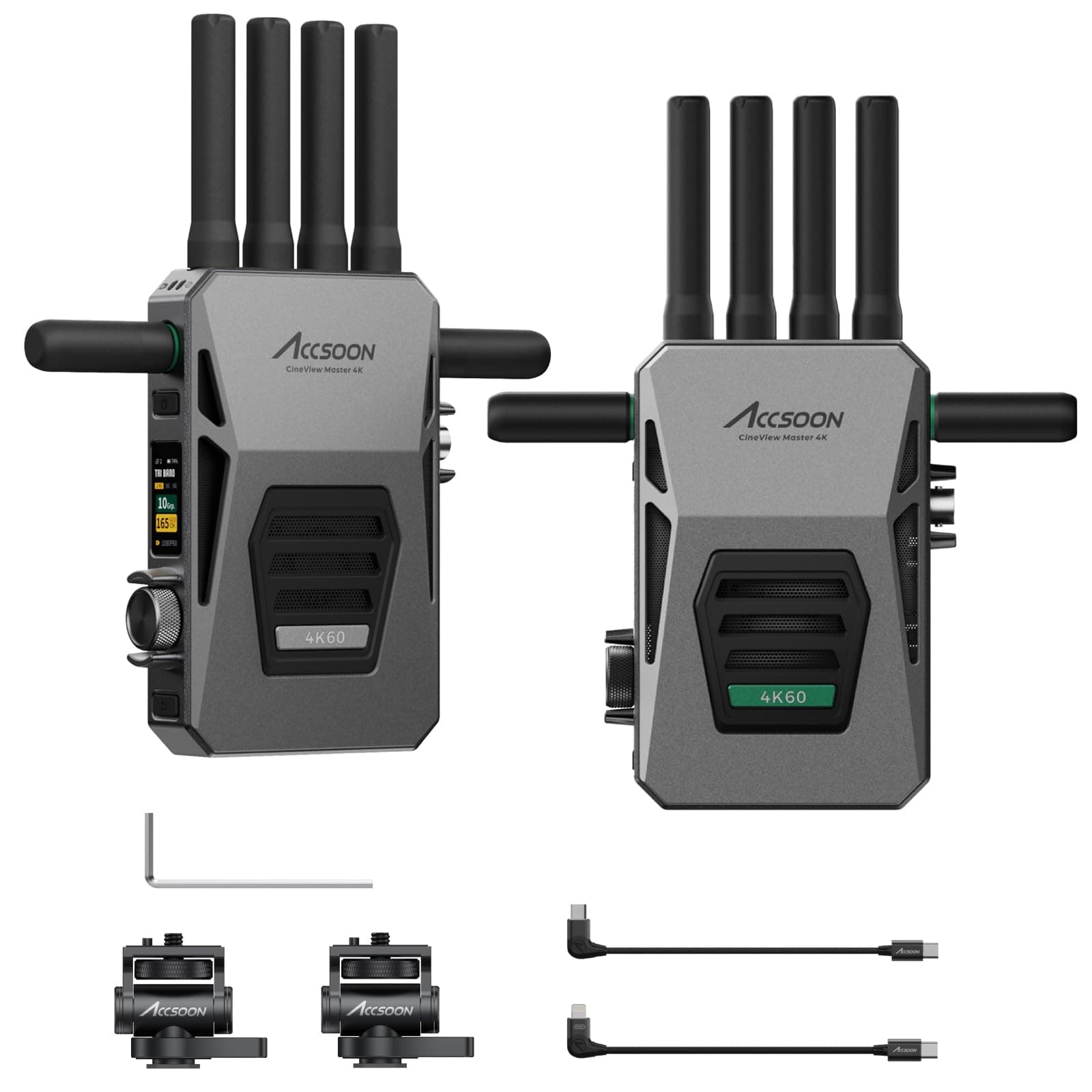 ACCSOON CineView Master 4k Wireless Video Transmission System Transmitter&Receiver 2.4+5Ghz+6GHz Tri-Band Transmission 604k Resolution 25 ms Latency 8202ft Range 1 Wired + 4 Wireless Connections