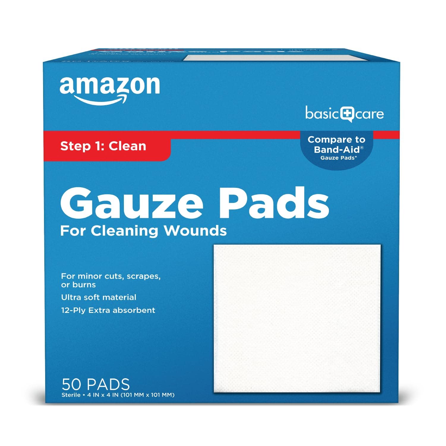 Amazon Basic Care Gauze Pads, 4x4" Sterile Medical Wound Dressing Sponges, 12-Ply, Extra Absorbent, for Cleaning, Covering & Cushioning Cuts & Minor Injuries, 50 Count, 1-Pack (Previously All Health)