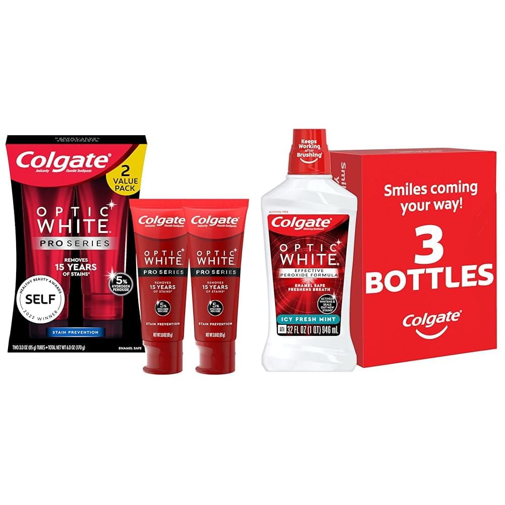 Colgate Optic White Pro Series Whitening Toothpaste with 5% Hydrogen Peroxide & Optic White Whitening Mouthwash, 2% Hydrogen Peroxide, Fresh Mint, 32 Ounce, 3 Pack (Packaging May Vary)